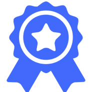 A blue award ribbon with a star in the center.