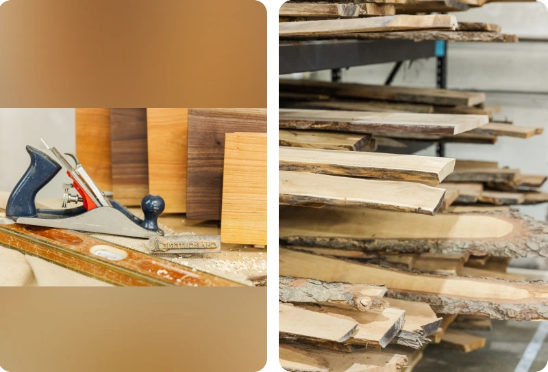 Woodworking tools and stacks of lumber ready for crafting.