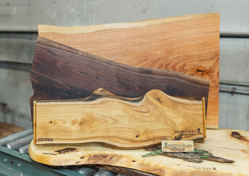 Close-up of polished wooden surfaces with unique grain patterns.